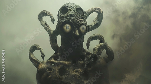 A distorted humanoid figure with mismatched limbs and rows of eyes covering its body shrouded in a thick fog photo