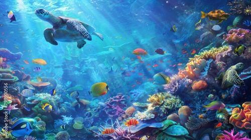 A colorful coral reef bustling with tropical fish, sea turtles, and other marine creatures in an underwater paradise.