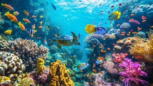 A colorful coral reef bustling with tropical fish, sea turtles, and other marine creatures in an underwater paradise.