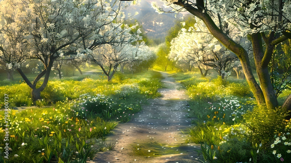 Serene Nature Scene, Blossoming Trees and Sunlit Pathway. Perfect for Background, Peaceful Imagery, and Home Decor. Natural Beauty Captured. AI