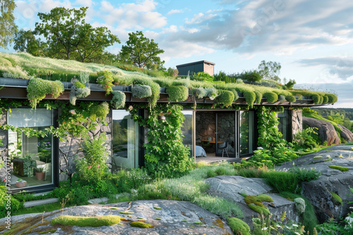 A Swedish eco-home nestled in a green belt area, with a living roof and walls covered in climbing plants, blending seamlessly with the natural surroundings. © artist