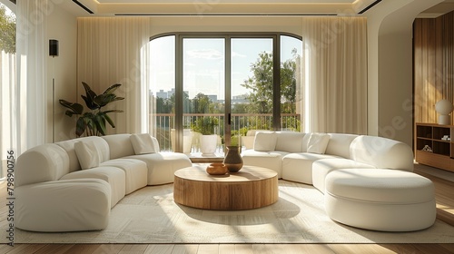 Modern living room interior with a white sofa and armchair near a window on a wooden floor in the style of a modern home design. Generative AI.