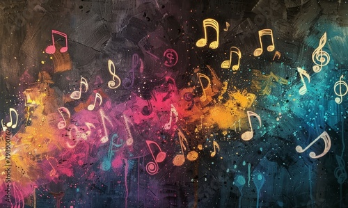 A colorful abstract wall painting of musical notes floating around in space, showing creativity and freedom of expression