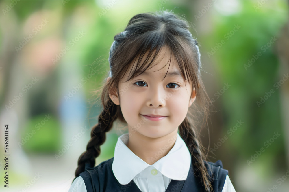 Close-up portrait of a cheerful young schoolgirl with braided hair, wearing a white shirt and black collar, set against a blurred green background representing school or park environment Close-up portrait of a cheerful young schoolgirl with braided hair, wearing a white shirt and black collar, set against a blurred green background representing school or park environment