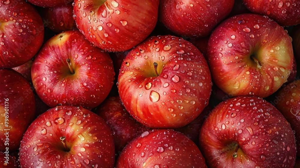 A bunch of red apples with water droplets on them. The apples are shiny and fresh. Concept of freshness and abundance A bunch of red apples with water droplets on them. The apples are shiny and fresh. Concept of freshness and abundance