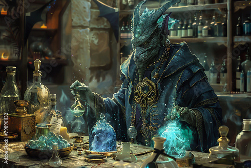 A naga alchemist in its laboratory surrounded by bubbling potions and strange glowing crystals