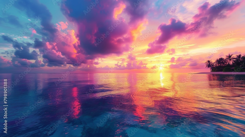 A colorful sunset over a tropical island, casting warm hues across the sky and reflecting on the calm ocean waters.