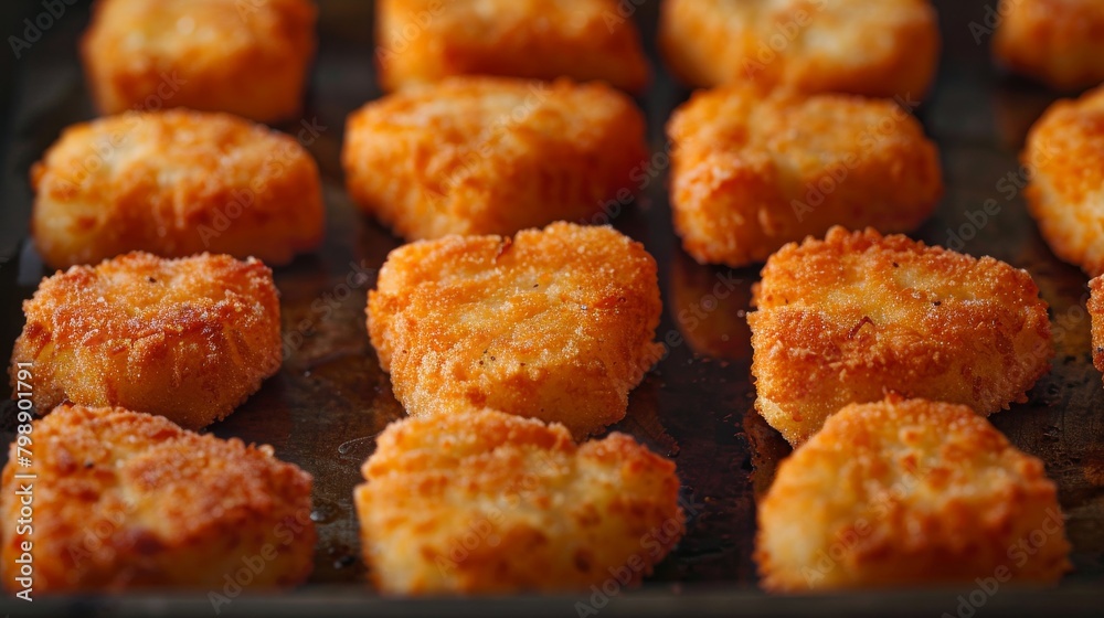 A close-up of frozen chicken nuggets arranged on a baking tray, ready to be cooked in a home kitchen, appealing to consumers seeking convenient and tasty meal solutions. A close-up of frozen chicken nuggets arranged on a baking tray, ready to be cooked in a home kitchen, appealing to consumers seeking convenient and tasty meal solutions.