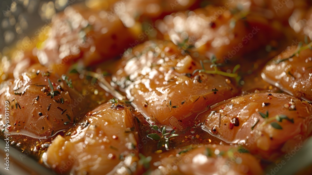 A close-up of frozen chicken thighs marinating in a flavorful sauce, ready to be grilled or roasted for a delicious meal, appealing to home cooks and food enthusiasts. A close-up of frozen chicken thighs marinating in a flavorful sauce, ready to be grilled or roasted for a delicious meal, appealing to home cooks and food enthusiasts.