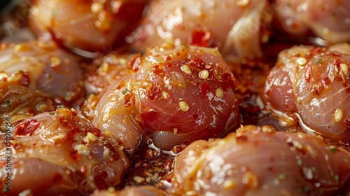 A close-up of frozen chicken thighs marinating in a flavorful sauce, ready to be grilled or roasted for a delicious meal, appealing to home cooks and food enthusiasts.