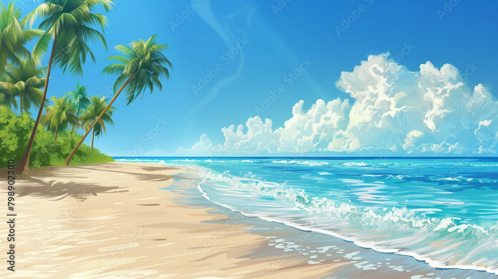 Beautiful tropical beach with palm trees and blue sky. Beautiful summer background for vacation or travel concept. Realistic illustration of sand