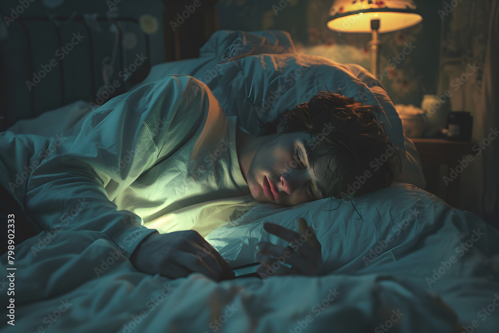 A male teenager's face under blue lights from a mobile phone. A boy focuses on a smartphone in his hands while lying in bed 