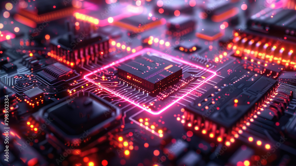 Closeup of futuristic circuit board with electric blue lights Closeup of futuristic circuit board with electric blue lights