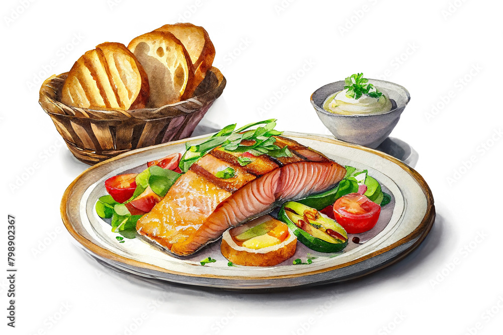 白い画用紙に描いたサーモンと野菜のグリルプレートとパンのディナーセットのイラスト