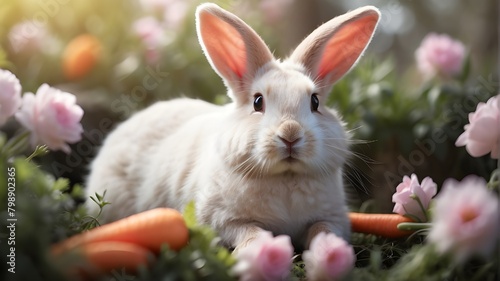 A white Easter bunny holds a carrot in its paws, poised for a nibble, against a backdrop of fresh spring blooms. The bunny's fur is soft and fluffy, illuminated by the gentle sunlight filtering throug © Waqasiii_Arts 