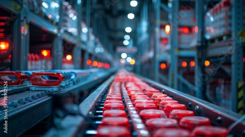 A conveyor belt transporting frozen chicken products through a cold storage warehouse, emphasizing the efficiency and quality control measures in the storage facility. photo