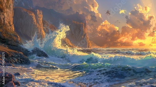 A dramatic seascape with towering cliffs and crashing waves  illuminated by the golden light of the setting sun.
