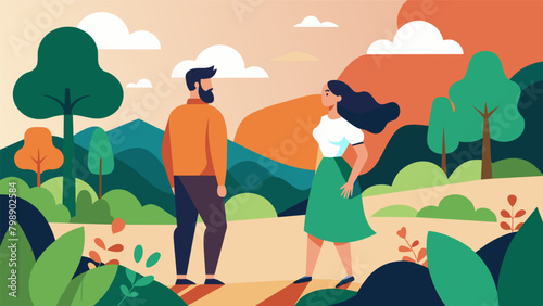 A the and a man go for a walk in nature using the peaceful surroundings as a calming and reflective space to discuss the mans emotional journey..
