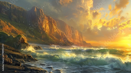 A dramatic seascape with towering cliffs and crashing waves, illuminated by the golden light of the setting sun. © Plaifah