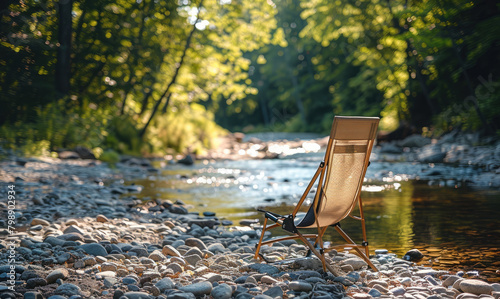 In a sunny outdoor camping, there is a small stream behind and an outdoor folding chair on a small gravel road surface. Generative AI.