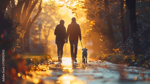 A couple walking their dog in the morning sunlight, enjoying the fresh air and exercise together as part of their daily routine. photo