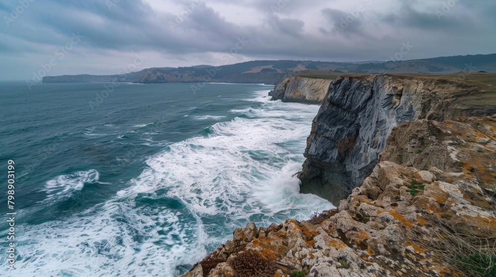 A rocky cliff stands tall, overlooking the vast ocean on a cloudy day. The waves crash against the base of the cliff as seagulls soar overhead.