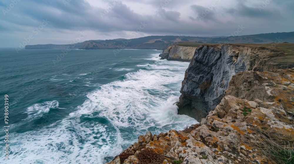 A rocky cliff stands tall, overlooking the vast ocean on a cloudy day. The waves crash against the base of the cliff as seagulls soar overhead. A rocky cliff stands tall, overlooking the vast ocean on a cloudy day. The waves crash against the base of the cliff as seagulls soar overhead.