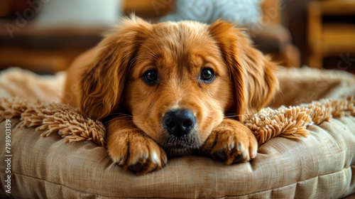 Cute young golden cocker spaniel is comfortably located on soft, cozy litter. Pet is lying on the litter for dogs. Friendly dog, is resting and looking directly into the camera.