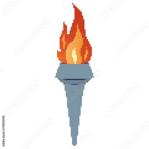 Pixel icon. Flaming torchs. Pixel torch withe flame. Burning fire or flame. Sport fire sign. Athletic, champion, sports game or freedom torches with flames icon.