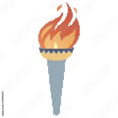 Pixel icon. Flaming torchs. Pixel torch withe flame. Burning fire or flame. Sport fire sign. Athletic, champion, sports game or freedom torches with flames icon.