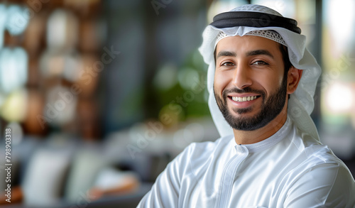 Portrait of sincerely smiling young Arab Ethnicity man wearing traditional Keffiyeh headdress, cheerfully smiling at camera. Image represents concept of Cultural Diversity and multicultural living. photo