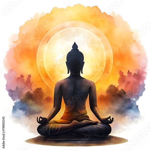 Watercolor illustration for mahavir jayanti with a silhouette of mahavira in meditation photo