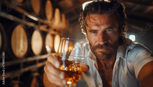 Whiskey connoisseur inspects a glass in a cellar surrounded by barrels, exuding sophistication and expertise. Captures the essence of whisky tasting, perfect for branding photo