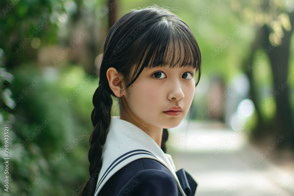 Tranquil portrait of a young teenage girl with a braid, wearing a school uniform, set against a soft-focus green natural background, capturing a moment of innocence and contemplation Tranquil portrait of a young teenage girl with a braid, wearing a school uniform, set against a soft-focus green natural background, capturing a moment of innocence and contemplation