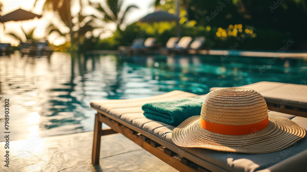 Orange sun hat and beach towel on lounge chair at luxury resort swimming pool. Blue water escape at upscale hotel. Exclusive destination travel, luxury vacation, tropical paradise for solo traveler. Orange sun hat and beach towel on lounge chair at luxury resort swimming pool. Blue water escape at upscale hotel. Exclusive destination travel, luxury vacation, tropical paradise for solo traveler.