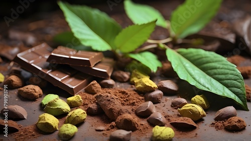a close-up of some leaves and chocolate. Some of the cocoa is still green, while some is brown, depending on the state of maturity. The green leaves give the picture a splash of color.  photo