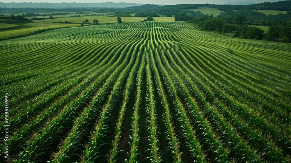 Aerial view of a corn plantation, showing the expansive rows for animal feed production.