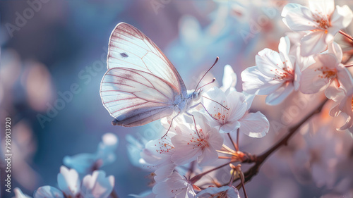 A butterfly perches on a cherry blossom branch, pollinating the pink flowers