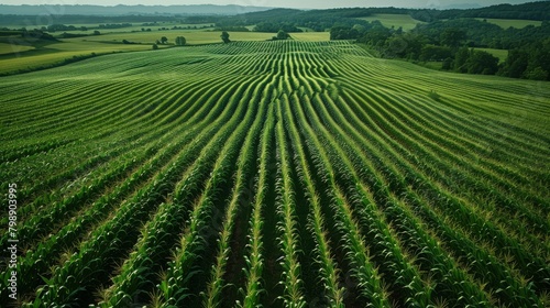 Aerial view of a corn plantation  showing the expansive rows for animal feed production.