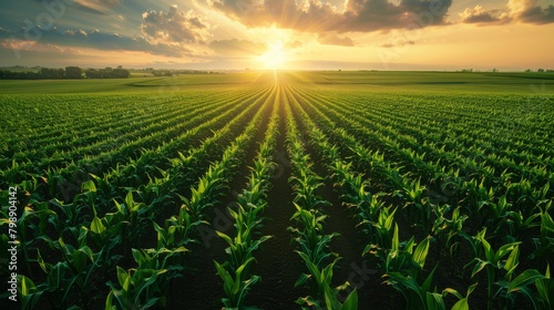 Aerial view of a corn plantation, showing the expansive rows for animal feed production.