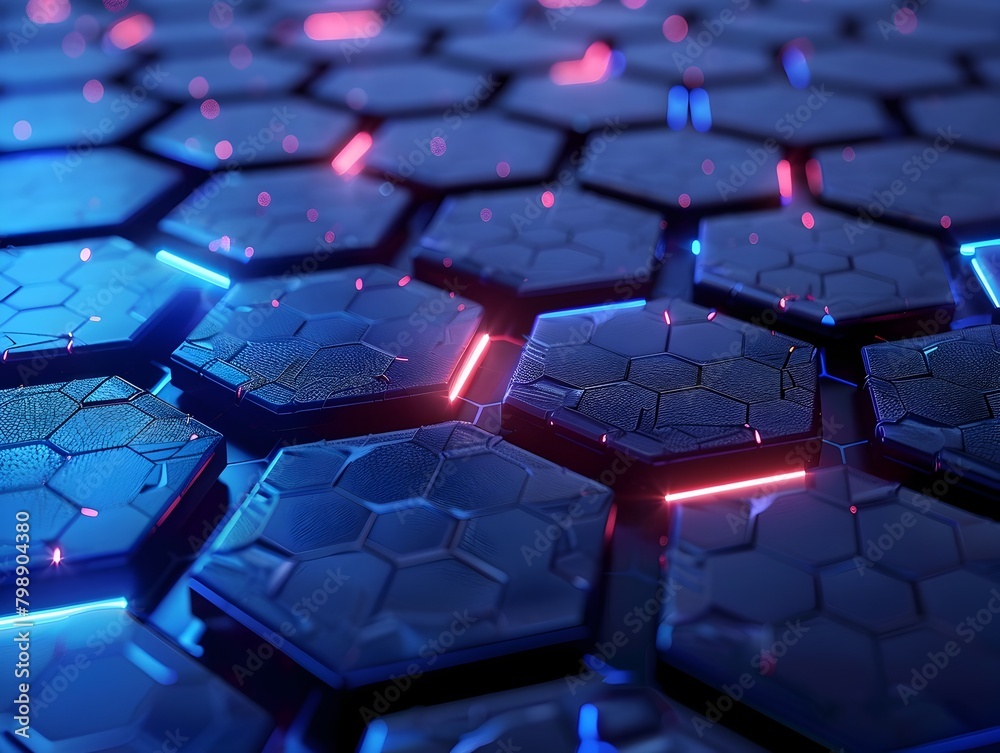 Obraz premium Captivating 3D Hexagonal Pattern with Glowing Blue Lights - Abstract Digital Artwork