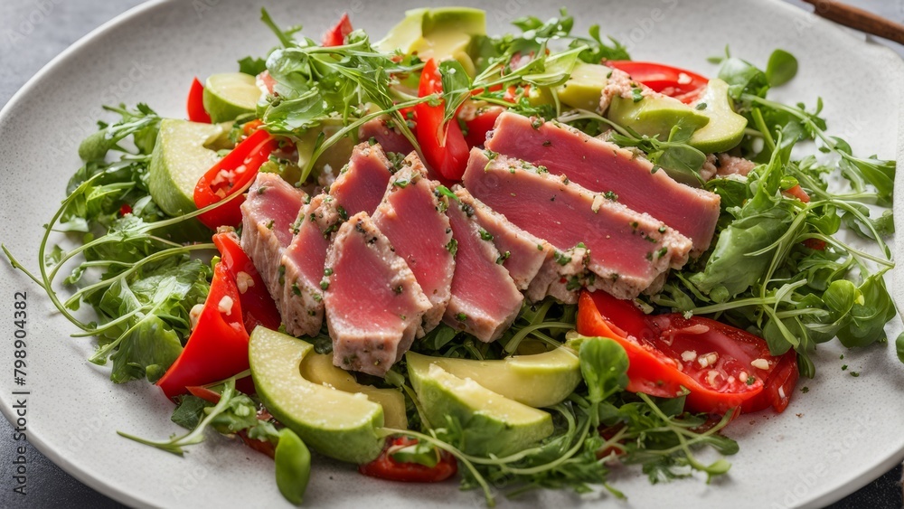 Tuna salad in its own sauce, avocado slices, arugula and red bell pepper.