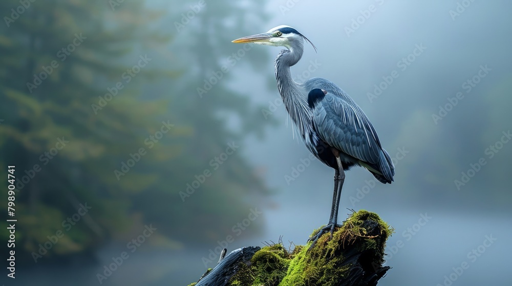 Obraz premium Majestic heron perches on timber, solemn guardian of the misty mountain woods
