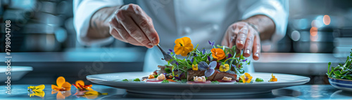 A chef carefully garnishes a plate with edible flowers, closeup photo