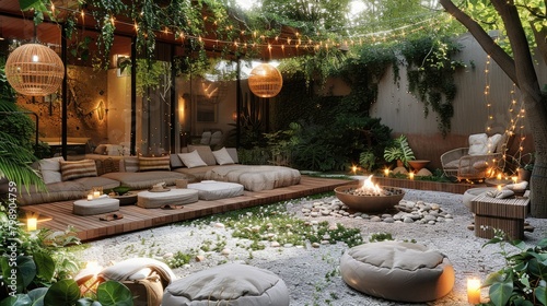 A backyard spa retreat with a wood pit, wood loungers with a cushion, low lounge seating area and star jasmine vines, string lights and boho rattan hanging pendants. Generative AI.