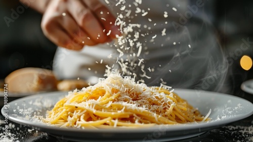 A chef's hand sprinkling grated cheese on a pasta dish.