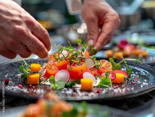 A chef's hand plating a dish with precision and creativity.