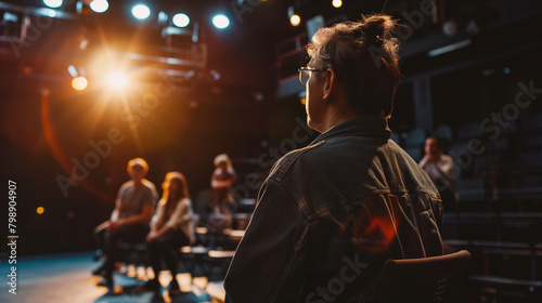 A drama teacher directing a play rehearsal with a diverse cast of students in a school theater, capturing the creative process and interaction, Teacher's day, natural light, soft s