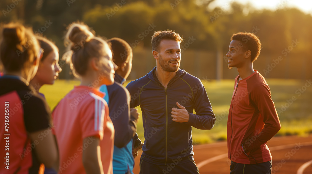 Obraz premium A sports coach strategizing with a mixed group of students on the athletic field, showing a moment of mentoring and teamwork, Teacher's day, natural light, soft shadows, blurred ba