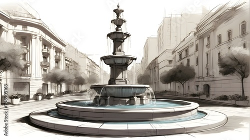 Fountain with water streams and architectural details, Art Styles: Sketch realism, Art Inspirations: Architectural sketches, Urban landscapes, Camera: Sketching software camera, Shot: Panoramic view t photo